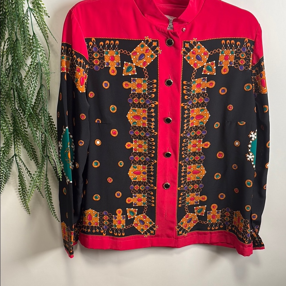 Red and Black Blazer with Geometric Patterns